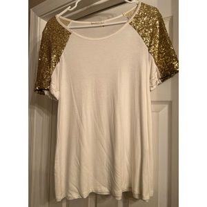 Brand New T-Shirt.  White with gold sleeves.